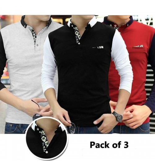 Pack of 3 Double Collar Texture Pocket T-Shirts